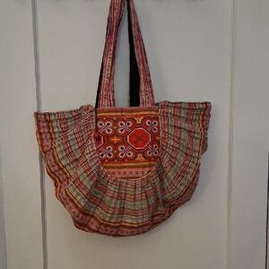Large Artisan Bohemian Colorful Pink, Orange Hand-Embroidered Shoulder Bag Tote
